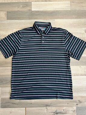 Roundtree & Yorke Navy Polo with Mint, White and Light Blue Stripes size L